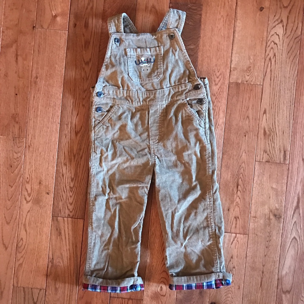 JK tan corduroy moose Christmas plaid overalls