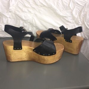 Free people black leather/ wooden block wedges
