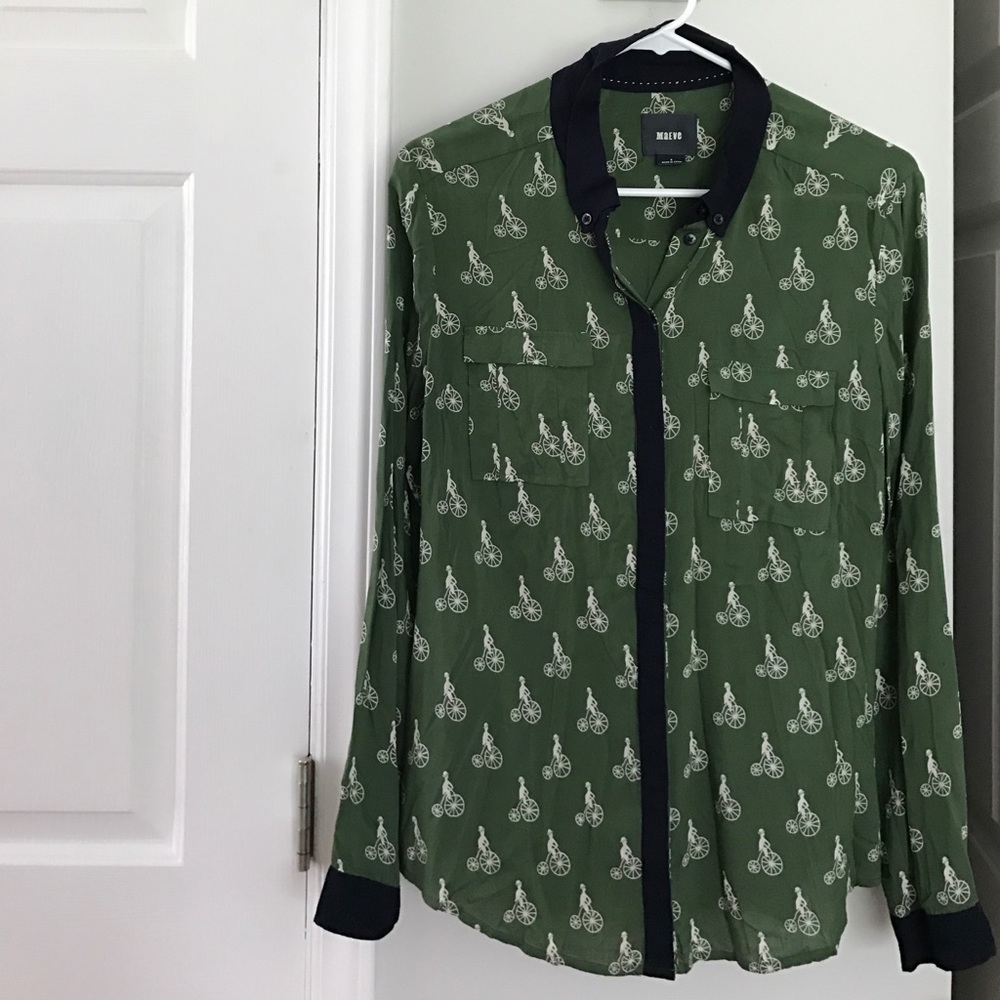 Green, Navy and white blouse with bicycle print