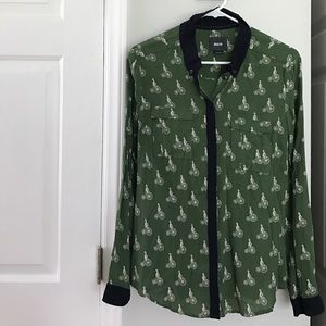Green, Navy and white blouse with bicycle print