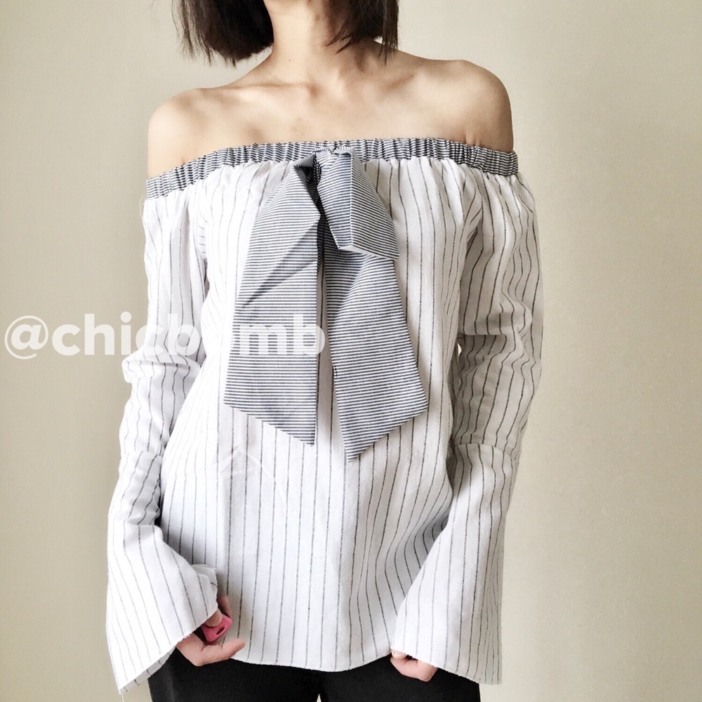 MANGO off shoulder ribbon tie shirt blouse top - Picture 2 of 4