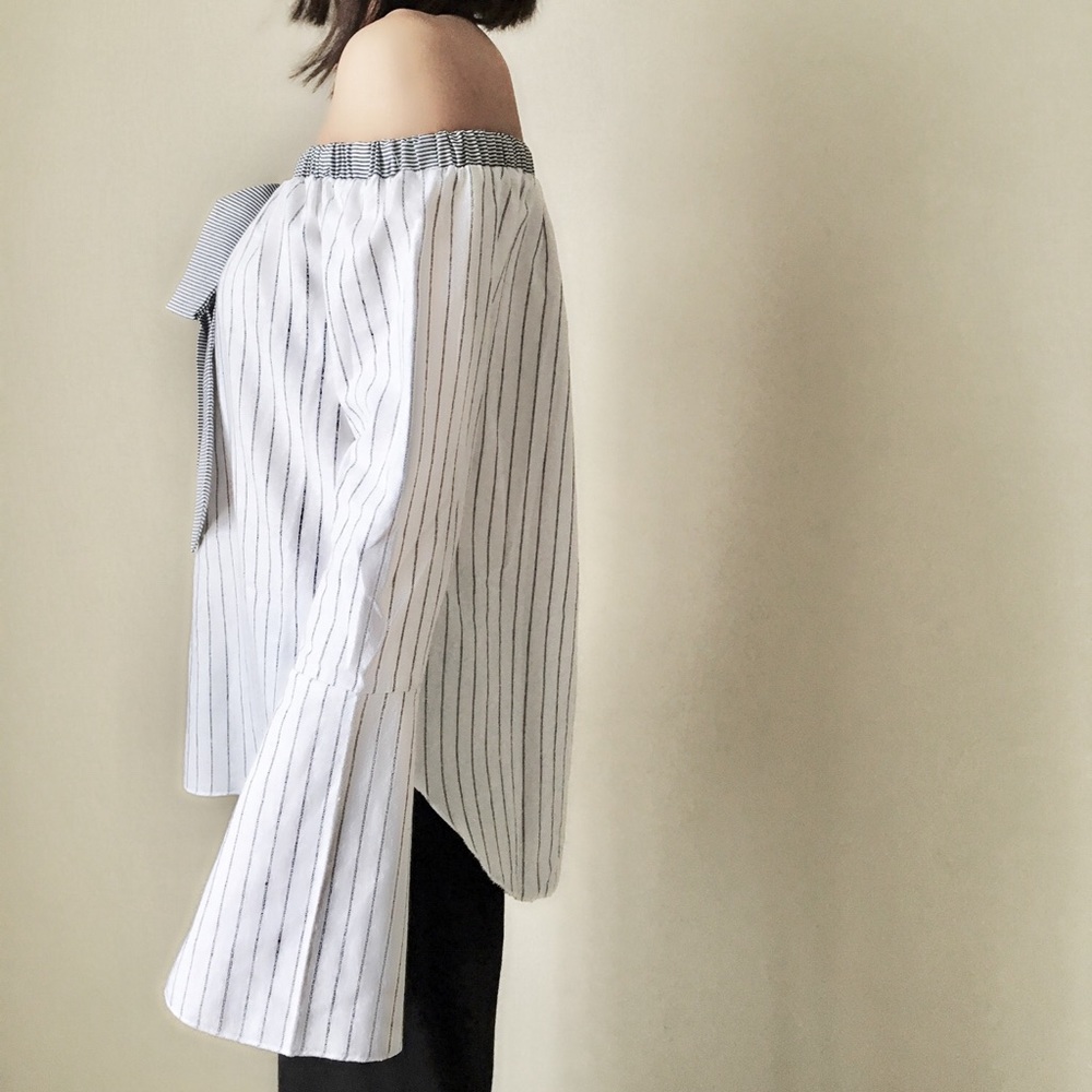 MANGO off shoulder ribbon tie shirt blouse top - Picture 3 of 4