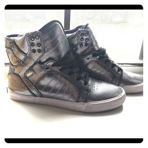 Silver and purple Supra high tops