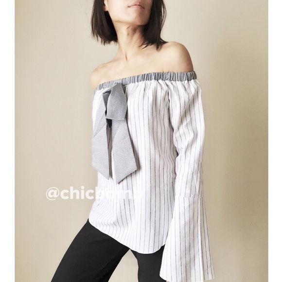 Mango off shoulder ribbon tie shirt blouse top. - Picture 2 of 3