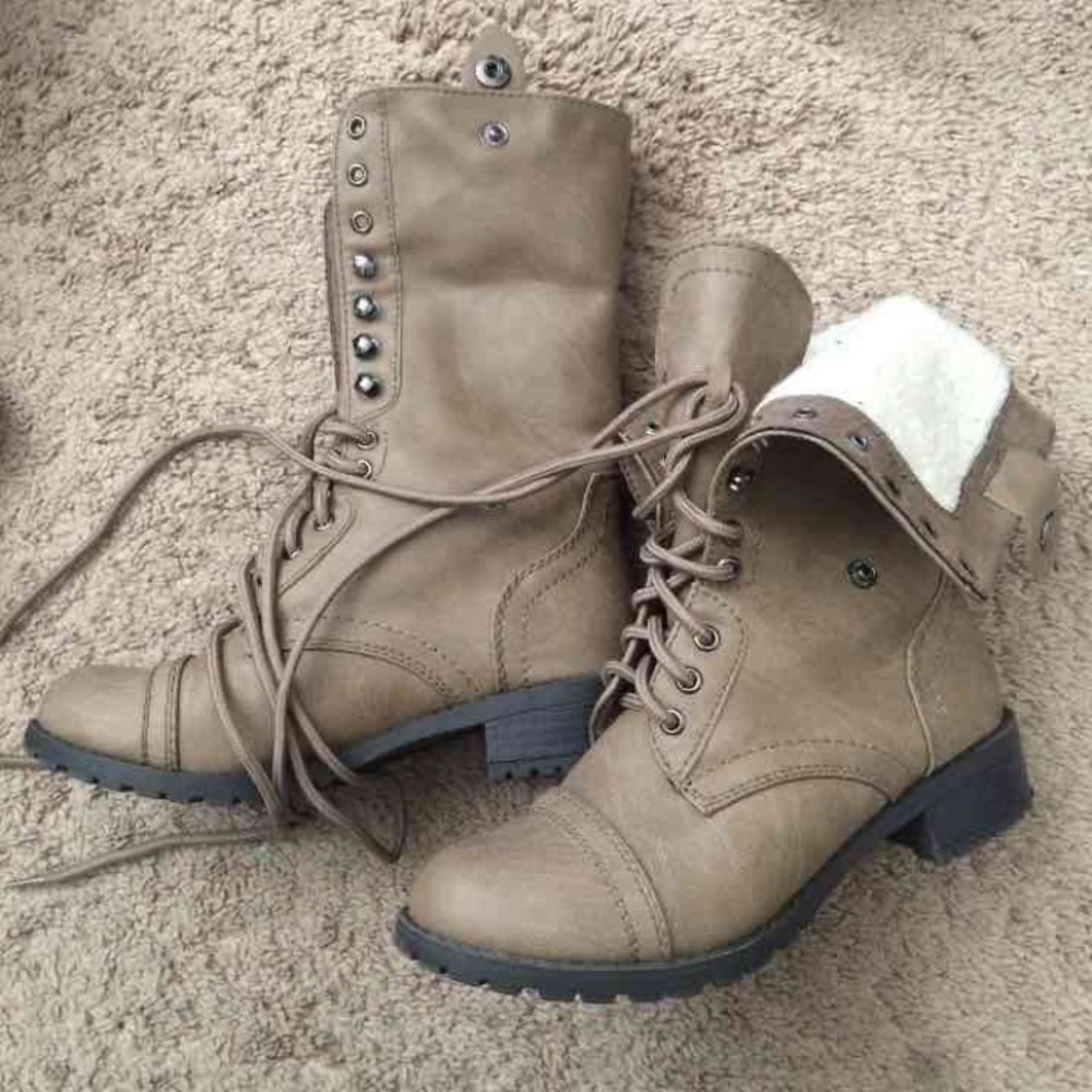 Taupe Fur Combat Boots