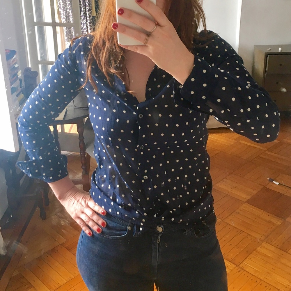 Polka dot white and navy blouse