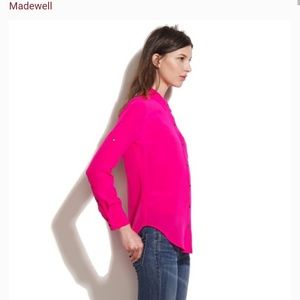 Madewell Neon Pink Silk Button-Up Shirt S