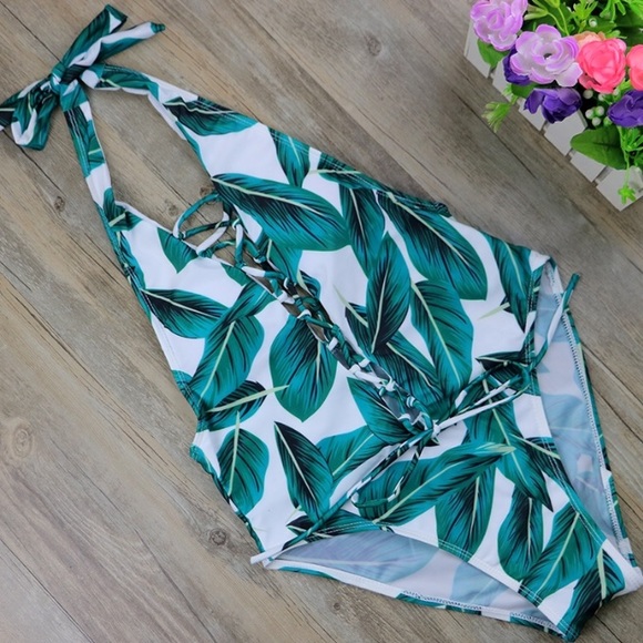 Banana Leaf Lace Up One Piece - Picture 2 of 4