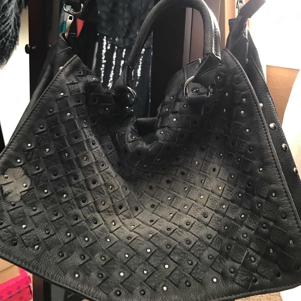 Gray leather handbag