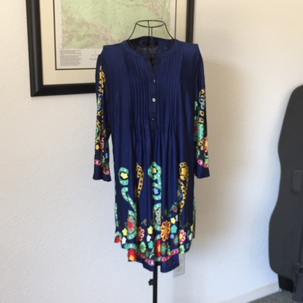 Blue Tunic with Bright Floral Detail.