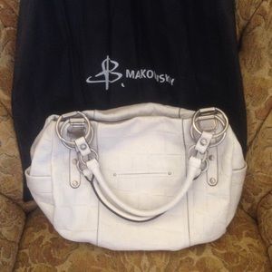 B MAKOWSKY White Leather Handbag w/Silver Hardware