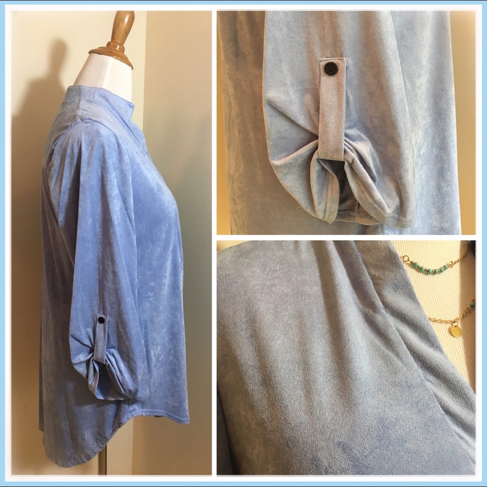 Last One! Sky Blue V-Neck Velvet 3/4 Sleeve Top - Picture 2 of 6