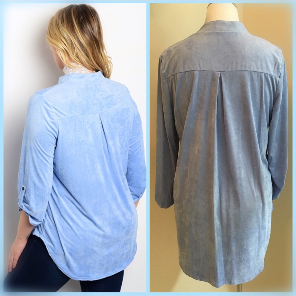 Last One! Sky Blue V-Neck Velvet 3/4 Sleeve Top - Picture 5 of 6