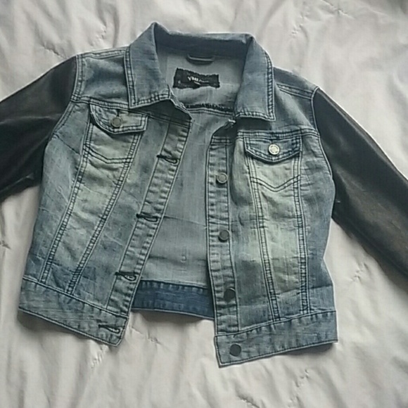 Leather Sleeved Jean Jacket - Picture 1 of 4