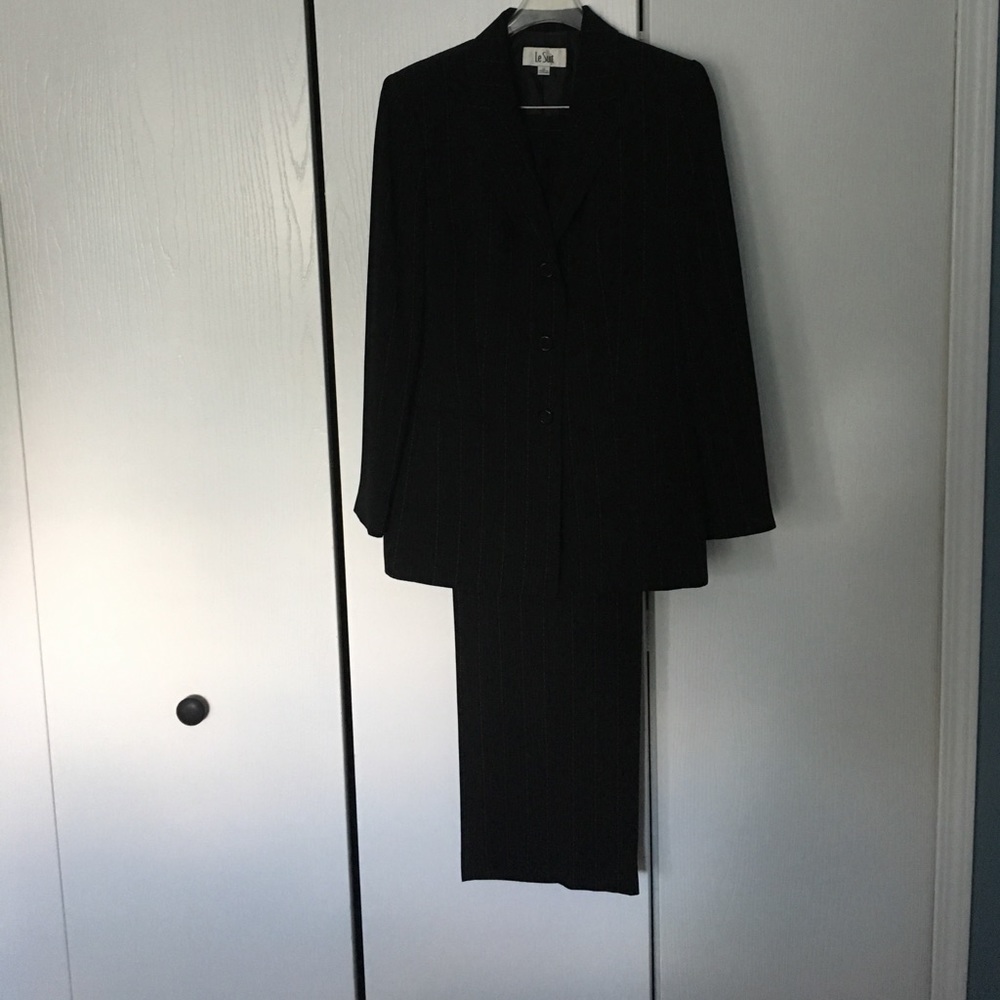 Black pinstriped pantsuit