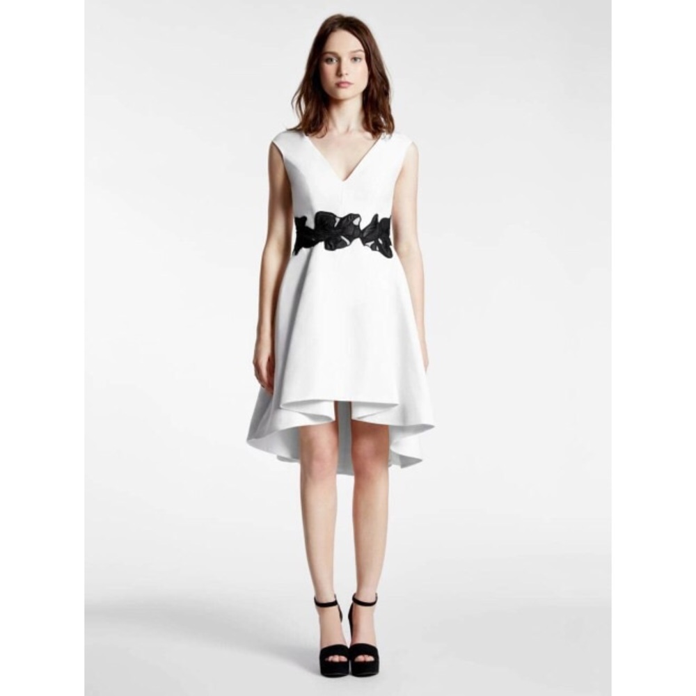 HALSTON HERITAGE FLORAL APPLIQUE SILK FAILLE DRESS
