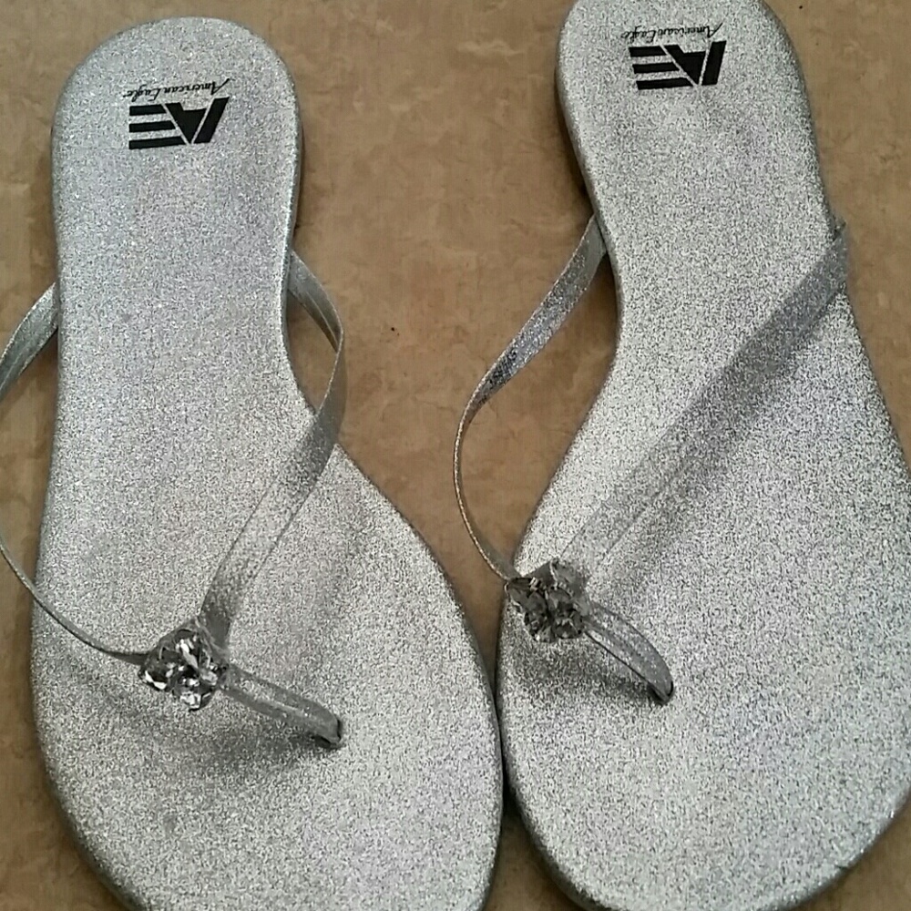 American Eagle Silver Sparkly Flip Flops