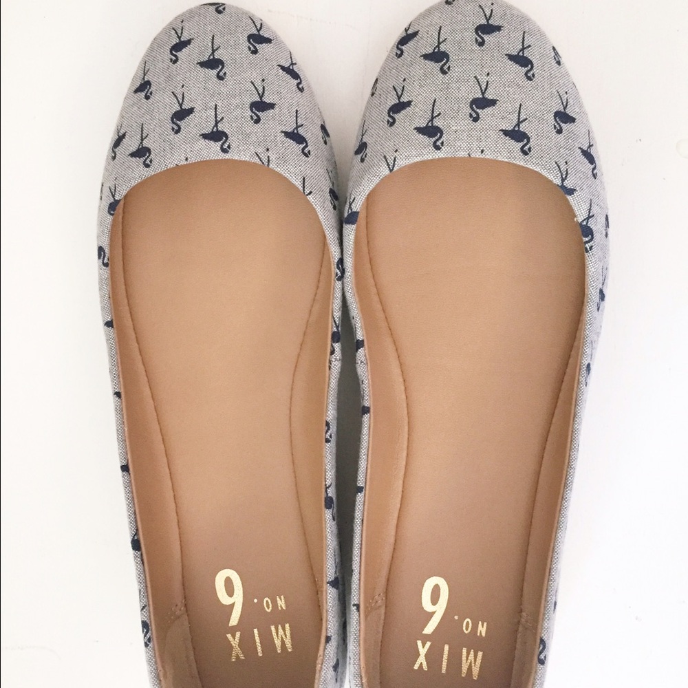 Grey flats with navy Flamingo pattern