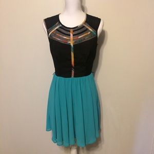 Teal & Multicolor Mesh Chiffon High Neckline Dress