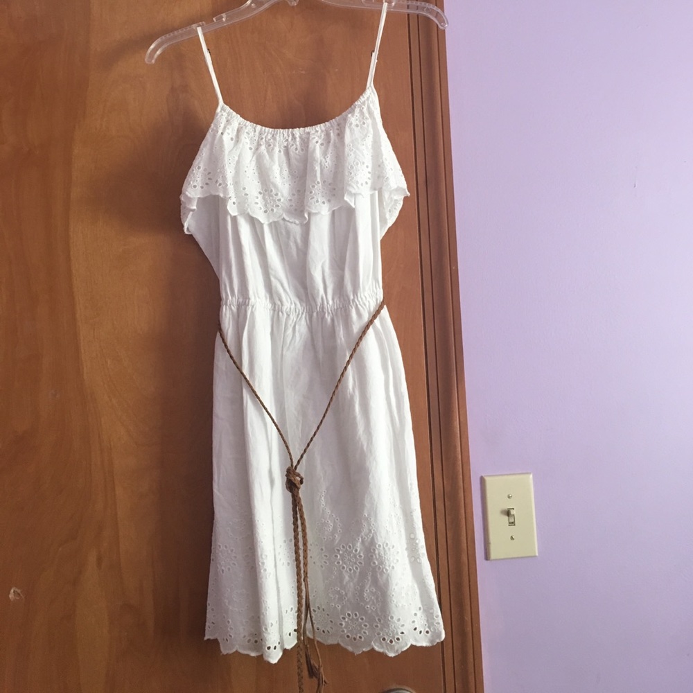 White spaghetti strap mini dress with belt