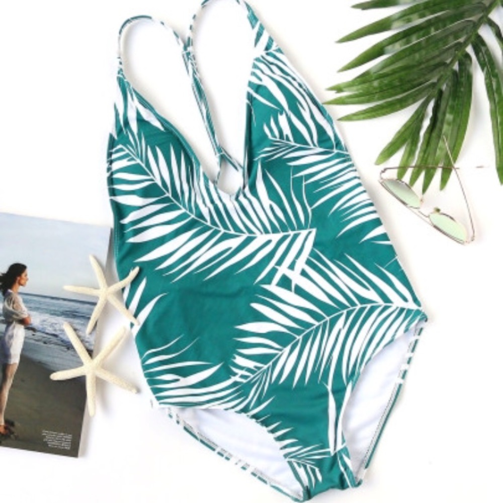 Brand New Leaf Print V Neck Criss Cross One piece