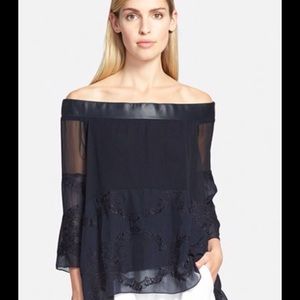 Bailey44 silk off shoulder top w/leather accent
