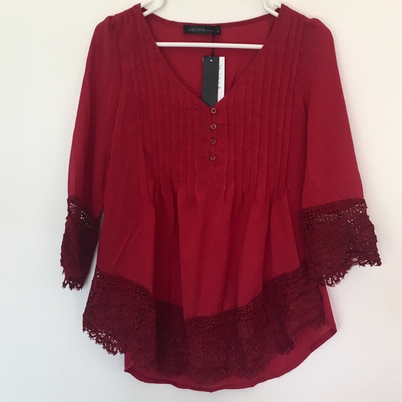 Moving sale! ❤️Burgundy Lace Trim Boho Blouse - Picture 5 of 6