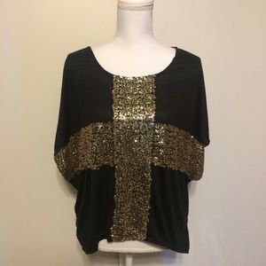 Gold Sequin Cross Black Blouse