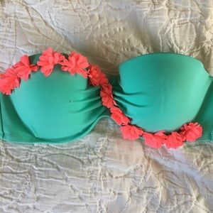 Turquoise Bandeau Bikini Top with Pink Flowers