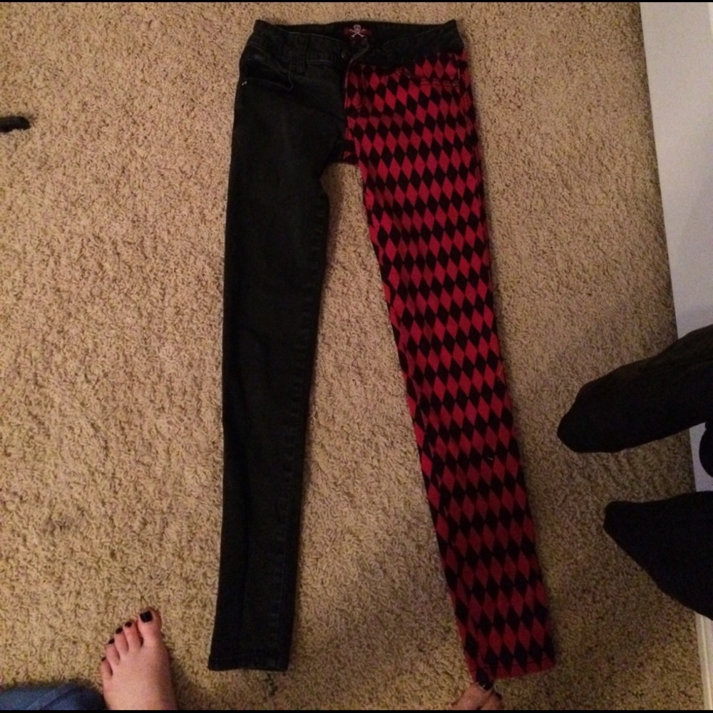 Half red check skinny jeans