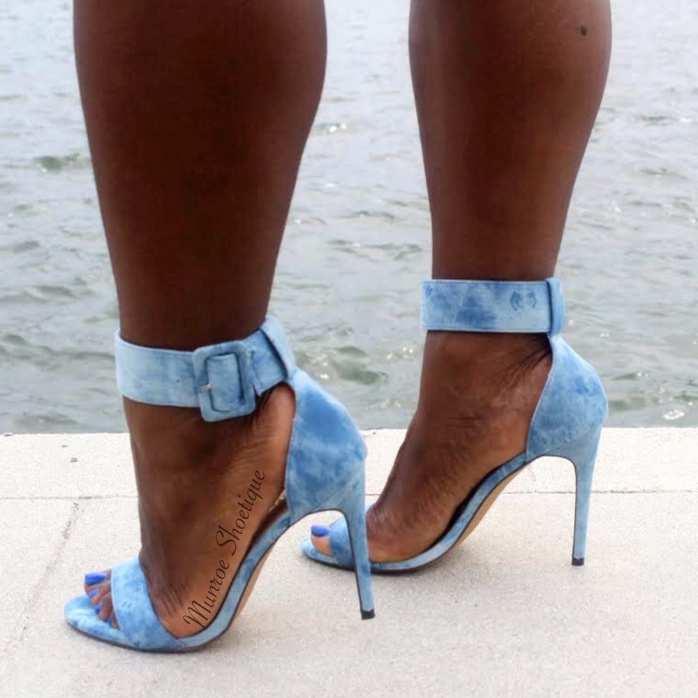Blue Washed Denim Ankle Strap Heel