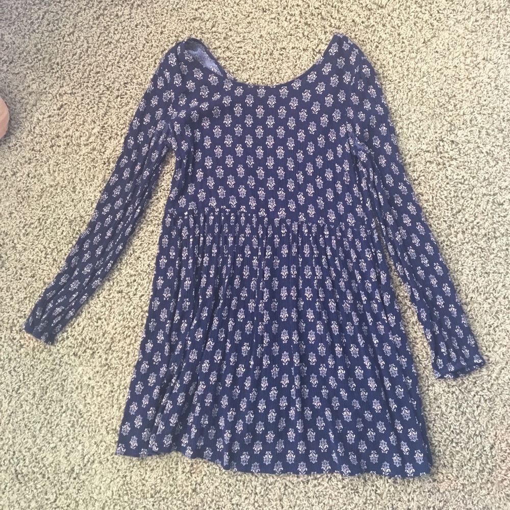 long sleeve navy patterned dress