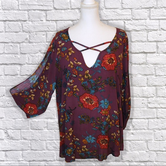 love on a hanger Tops - 'Plus' Floral Cold Shoulder Cross Front Top