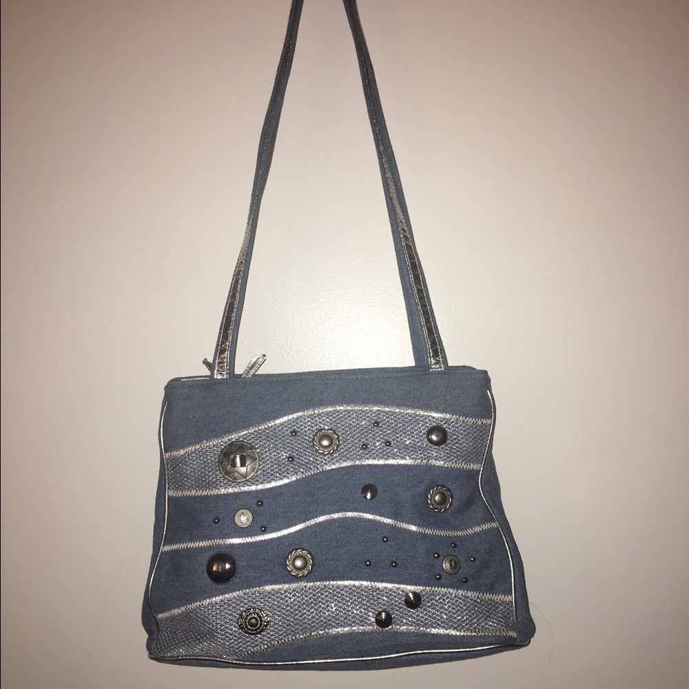 Denim Purse w/Metallic Silver Straps