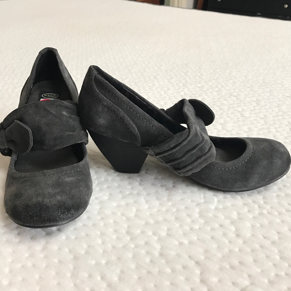 Gray suede kitten heels