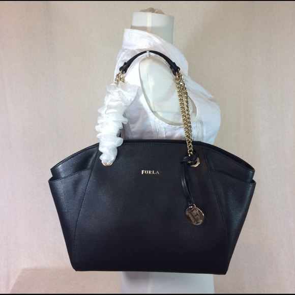 FURLA Black Leather Julia Tote NEW AUTHENTIC FURLA BAG Chain