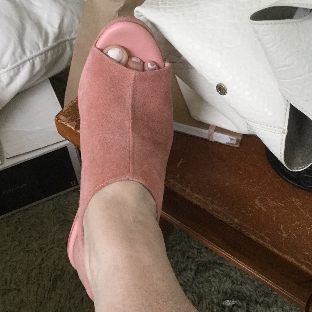 Genuine pink suede wedge peep toe