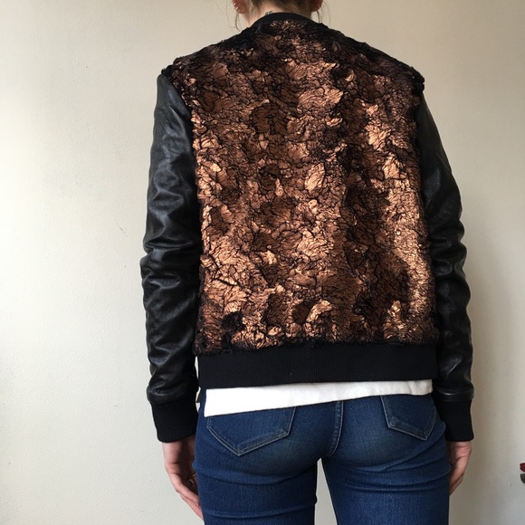 SAUNDER leather, painted fur bomber jacket - Picture 4 of 4