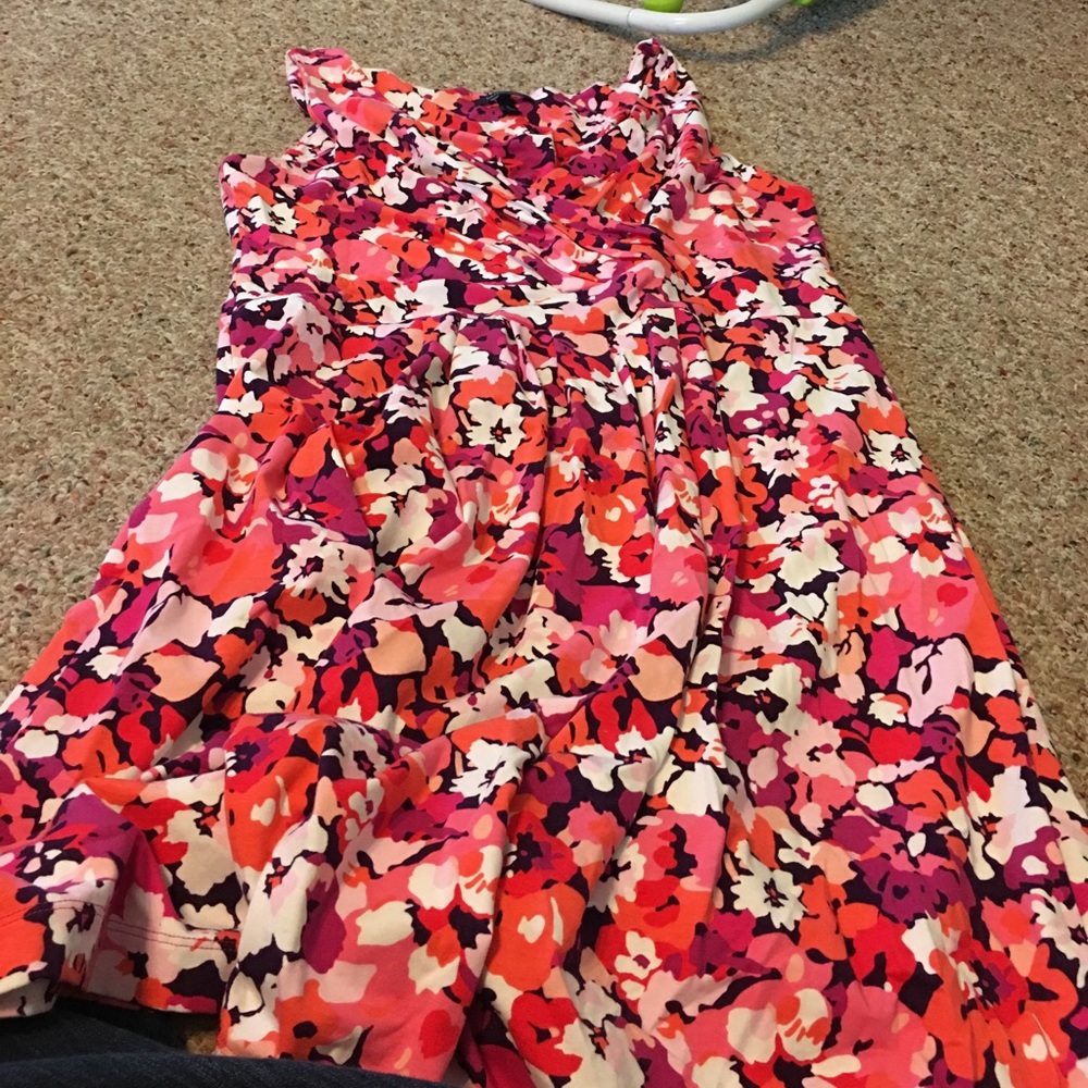 Pink white and orange flowered v Neck dress