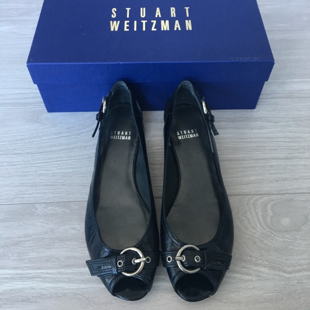 NEW Stuart Weitzman Open Toe Navy Patent Flats Sz6