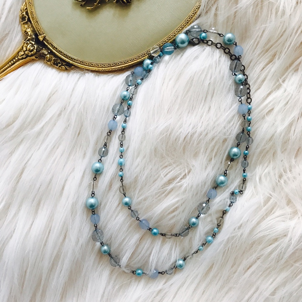 Blue Beaded Long Double Wrap Necklace