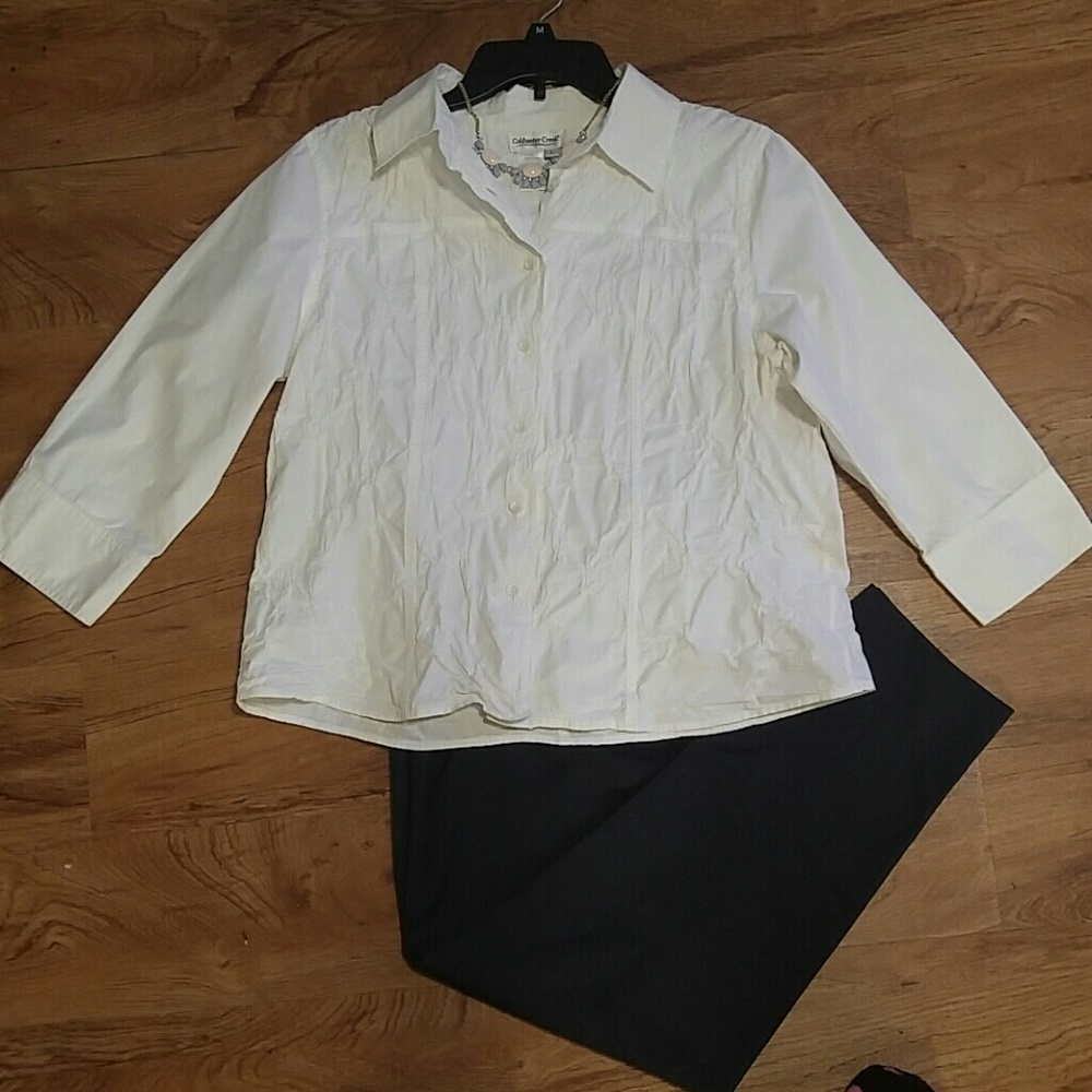 3/4sleeve puckered 100% cotton button down shirt