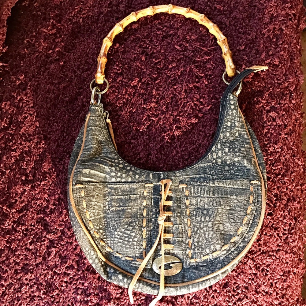 Guess Denim Snakeskin Purse with Wooden Handle