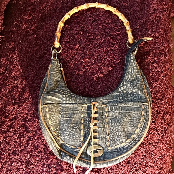 Guess Denim Snakeskin Purse with Wooden Handle - Picture 1 of 5
