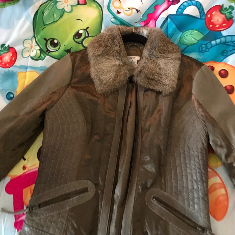 Cache taupe gray gray fur and leather coat s 12
