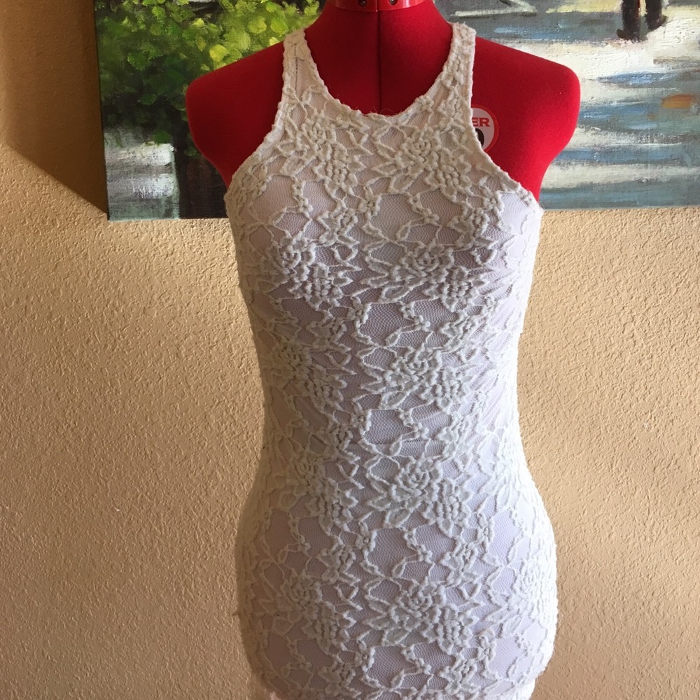 Open back ivory lace mini dress