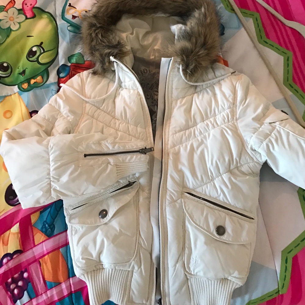 EDC by esprit sm white fleece coat with fur hoodie