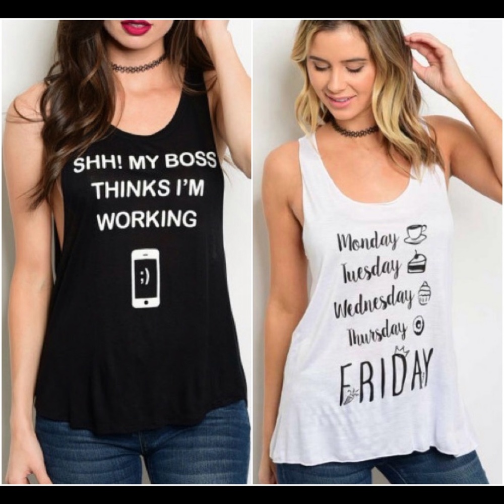 Bundle of 2 funny graphic tank tops, white & black