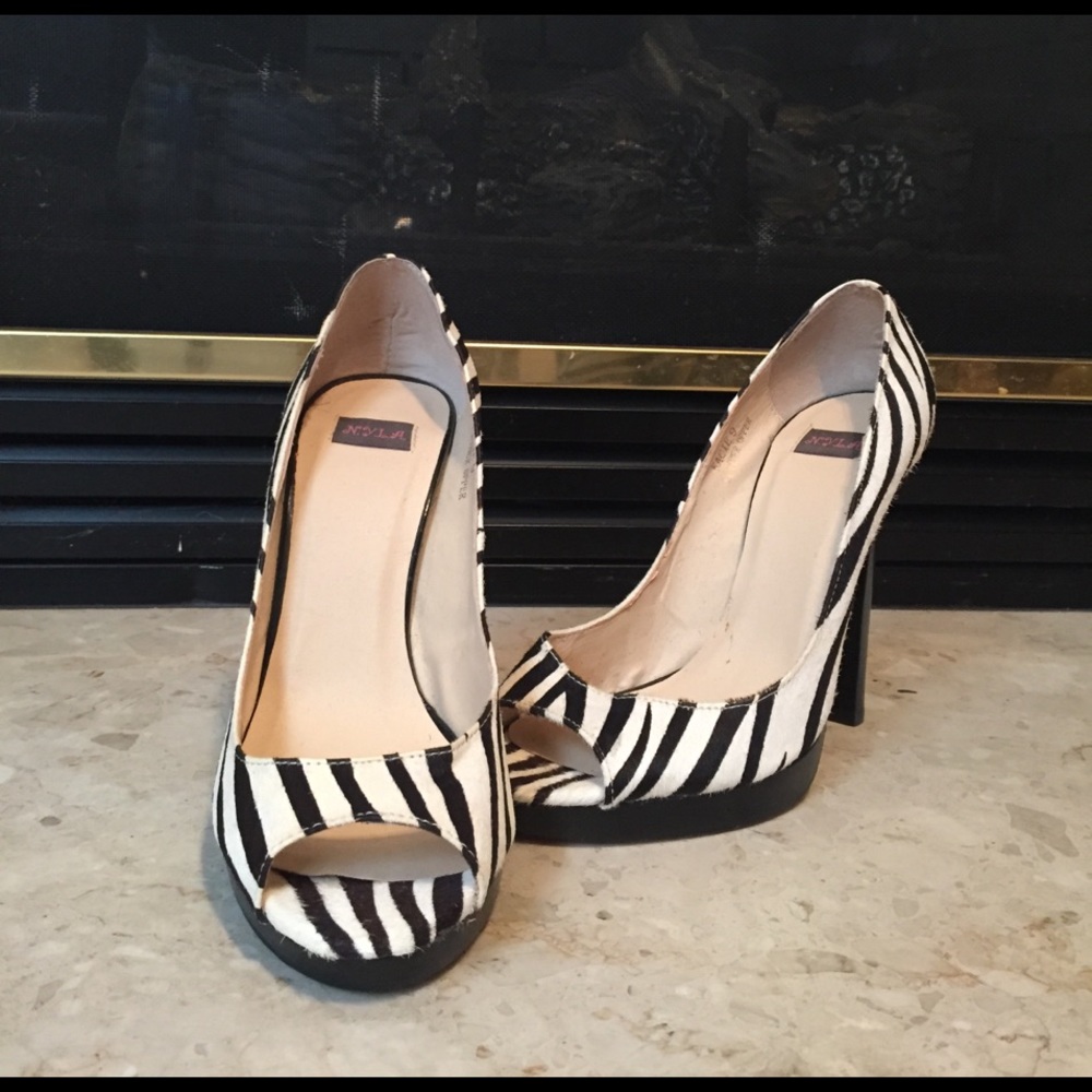 Zebra print peep toe heels