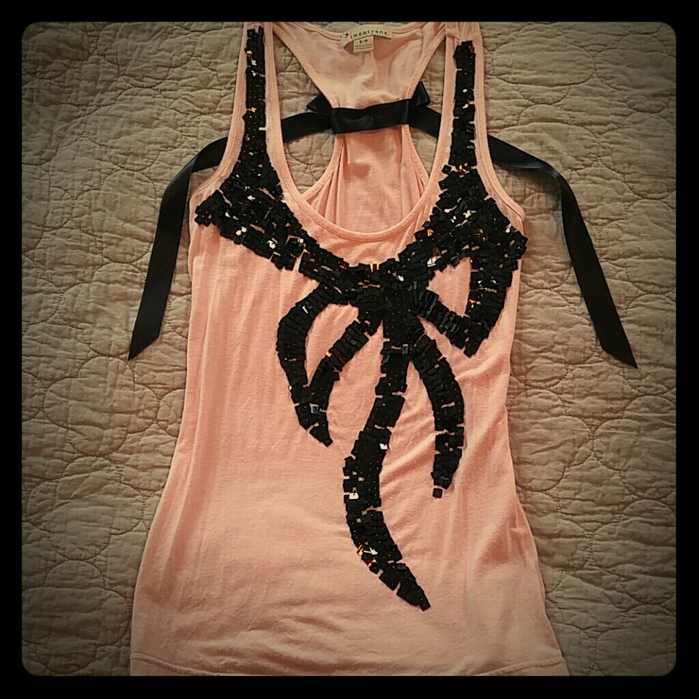Pink Tank Top w/ Black Sequin Bow & Ribbon Bow